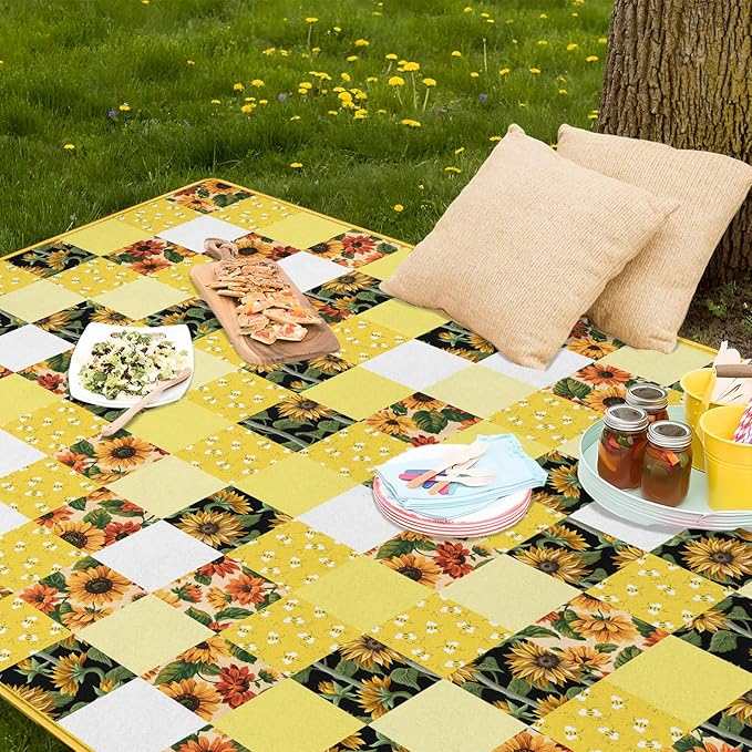 Sunflower Bee Picnic Blanket Waterproof Foldable Extra Large Picnic Mat Beach Blanket 60"x80" for Camping Beach Hiking Patio Party Outdoor Decor Gifts