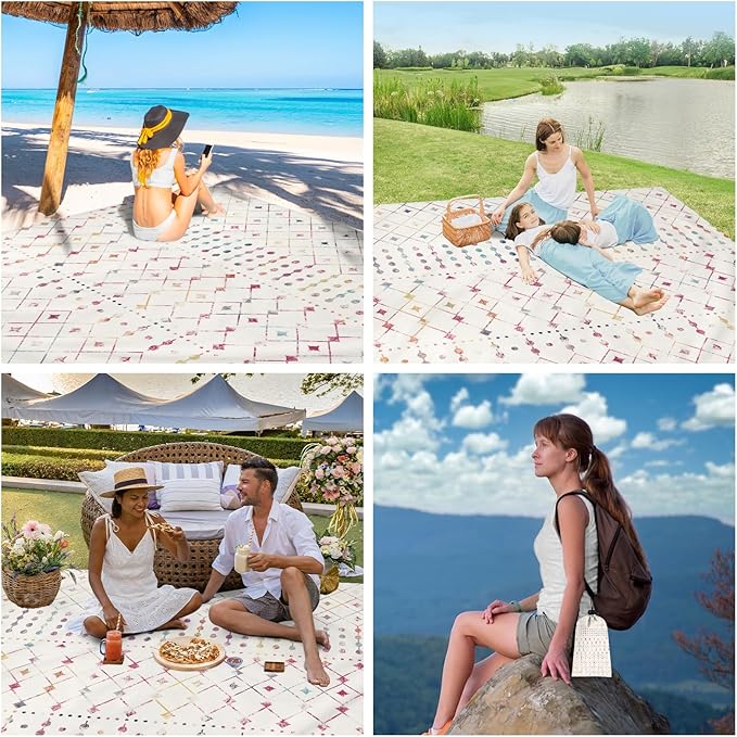 Extra Large Beach Blanket Waterproof Sandproof, Polyester Oversized Beach Mat for 8 Adults w/Stakes and Sand Pocket, Quick Drying & Lightweight Picnic Blanket Beach Essential Accessory Must Haves