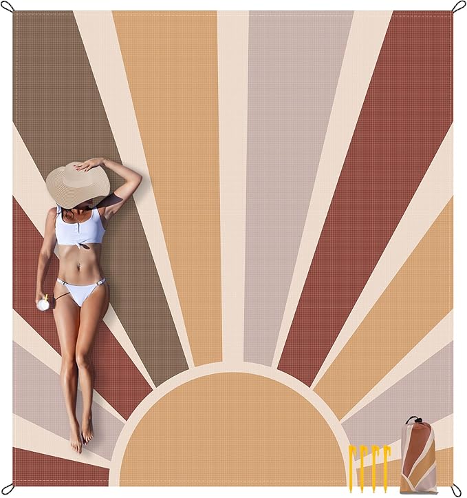 Extra Large Beach Blanket Waterproof Sandproof, Boho Starburst Beach Mat for 8 Adults w/Stakes and Sand Pocket, Compact & Lightweight Picnic Blankets for Outdoor, Travel, Camping, Hiking