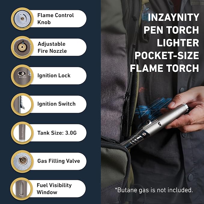 Pen Torch Lighter - Refillable Single Flame Butane Torch Lighter for Candle, & Cooking w/Adjustable Flame & Ignition Lock - Luxurious Handheld Camping Lighter & Gift Box by inZaynity - Grey & Steel