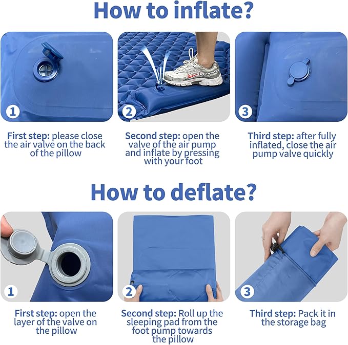 Double Sleeping Pad for Camping, 2 Person Ultralight Inflatable Sleeping Mat with Pillow and Built-in Foot Pump, Portable Camping Mattress for Tent, Backpacking, Hiking, Traveling