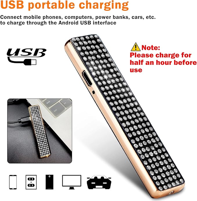 Rhinestone Lighter Electric Lighter Rechargeable Bling Glitter USB Lighter Flameless Girls Lighter for Women (Black Sliver)