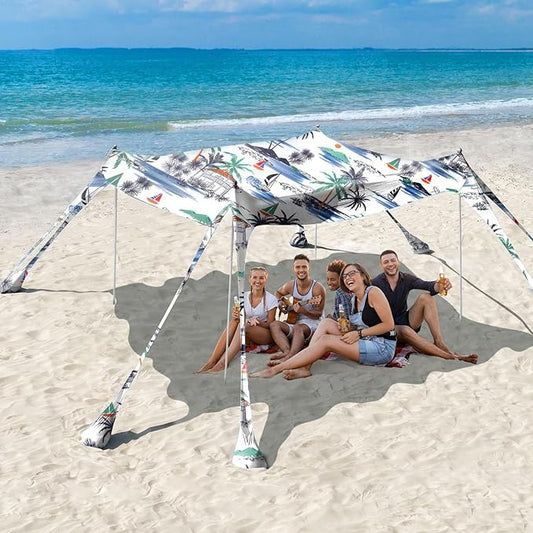 Rhino Valley Beach Tent Sun Shelter, Beach Canopy Tent Sun Shade UPF50+ Protection with 8 Sandbags 4 Stability Poles, Outdoor Beach Shade Canopy for Beach, Camping, Fishing