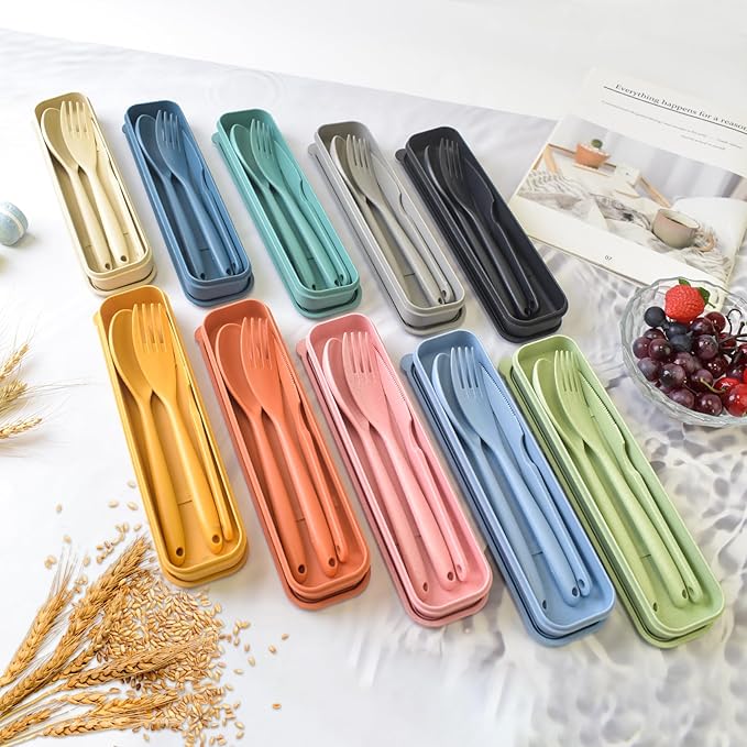 Reusable Utensils Set with Case, 10Pack Large Plastic Cutlery Set Forks Spoon Tableware Chopsticks, Portable Cutlery Set for Travel Picnic Camping or Daily Use