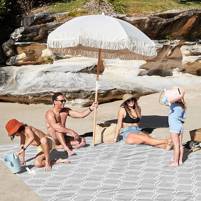Waterproof Sandproof Beach Blanket, 78"×86" Large Beach Mat for 1-4 Adults, Foldable Lightweight Polyester Outdoor Picnic Blanket with 4 Stakes & 4 Corner Pockets for Travel, Camping, Hiking