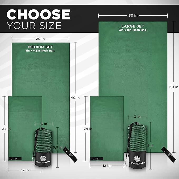 Microfiber Travel & Sports Towel Set - Quick Dry, Super Absorbent, Compact, Lightweight - for Camping, Backpacking, Hiking, Beach, Yoga, Swimming - Includes 2 Sizes + Carrying Bag & Clip