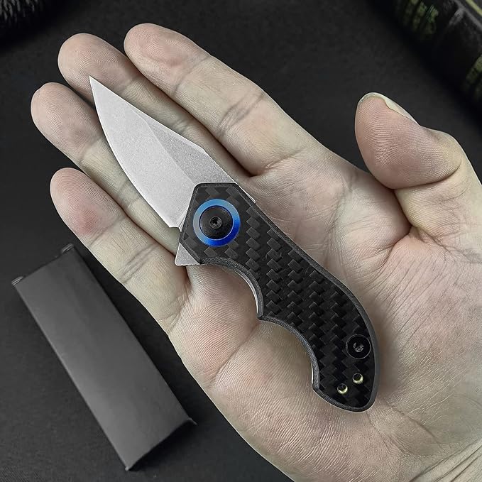 Mini Flipper Pocket knife,Small EDC folding Knife with Pocket clip,1.89 Inch Premium D2 Steel Blade,Carbon Fiber Front and Stonewashed Titanium Back Handle,Gifts for Men Women(0022)