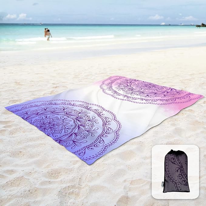 Sunlit Silky Soft 106"x81" Boho Sand Proof Beach Blanket Sand Proof Mat with Corner Pockets and Mesh Bag for Beach Party, Travel, Camping and Outdoor Music Festival, Purple Lines Pink Mandala