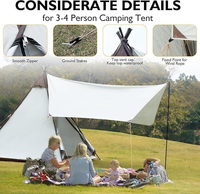 Waterproof 3-4 Person Camping Tent with Awning, Pyramid Teepee Tents for Family, 3 Season Anti-UV Weatherproof, Roomy Tipi Tent for Family Camping, Outdoor, Backpacking, Hiking