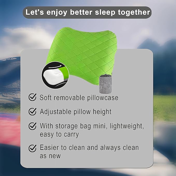 Portable Inflatable Neck Pillow for Outdoor Travel, Camping, Office Naps-Polyester + Washable Cotton-Color Available-Simple and Comfortable (Green, 18.1 * 12.6 * 4.7in)