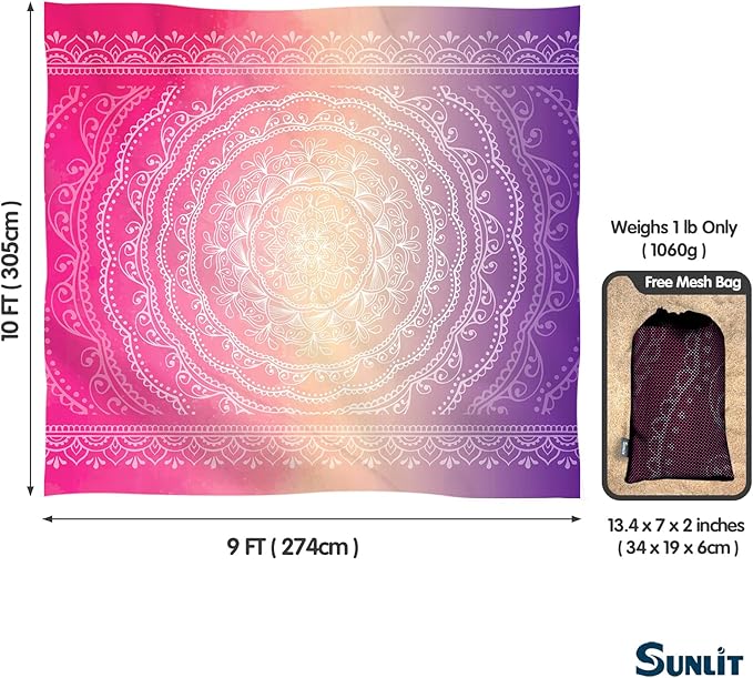 Sunlit 10'x9' Extra Large Boho Sand Proof Beach Blanket, Sand Proof Mat with Corner Pockets and Mesh Bag for Beach Party, Travel, Camping and Outdoor Music Festival, Purple and Red Mandala