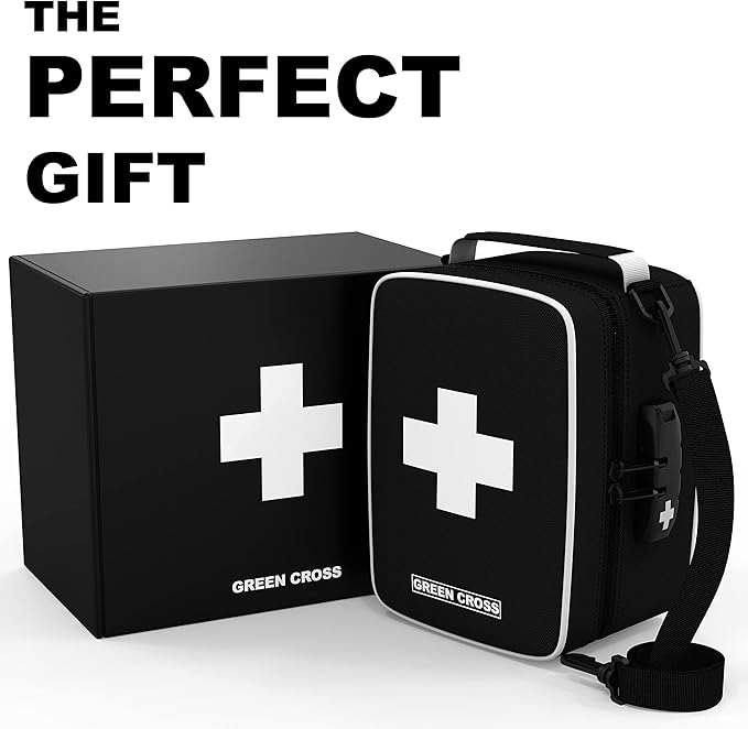 GREEN CROSS Medicine Bag with Combination Lock 8.5" x 5.5" x 4.5" (Black Nylon)