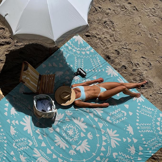 Bohemian Beach Blanket Waterproof Sandproof, 78”x 86” Large Sand Free Beach Mat with 4 Stakes & Portable Bag, Big Flodable Compact Outdoor Pockets Picnic Blanket for Festival, Camping - Boho Turquoise