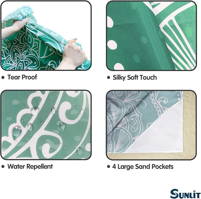 Sunlit Silky Soft 106"x81" Boho Sand Proof Beach Blanket Sand Proof Mat with Corner Pockets and Mesh Bag for Beach Party, Travel, Camping and Outdoor Music Festival, Tiffany Green Mandala