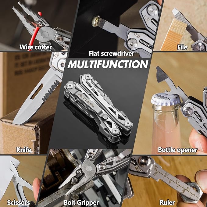 FLISSA 16-in-1 Stainless Steel Multi Tool, EDC Multitool with Pocket Knife, Pliers, Belt Clip and Oxford Sheath, Self-locking Utility Multi-Tool for Camping Survival Outdoor Activities
