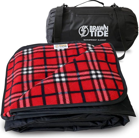 BRAWNTIDE Large Outdoor Waterproof Blanket - Quilted, Extra Thick Fleece, Warm, Windproof, Sandproof, Includes Stuff Sack, Shoulder Strap, Ideal for Beaches, Picnics, Camping, Stadiums, Dogs, Car