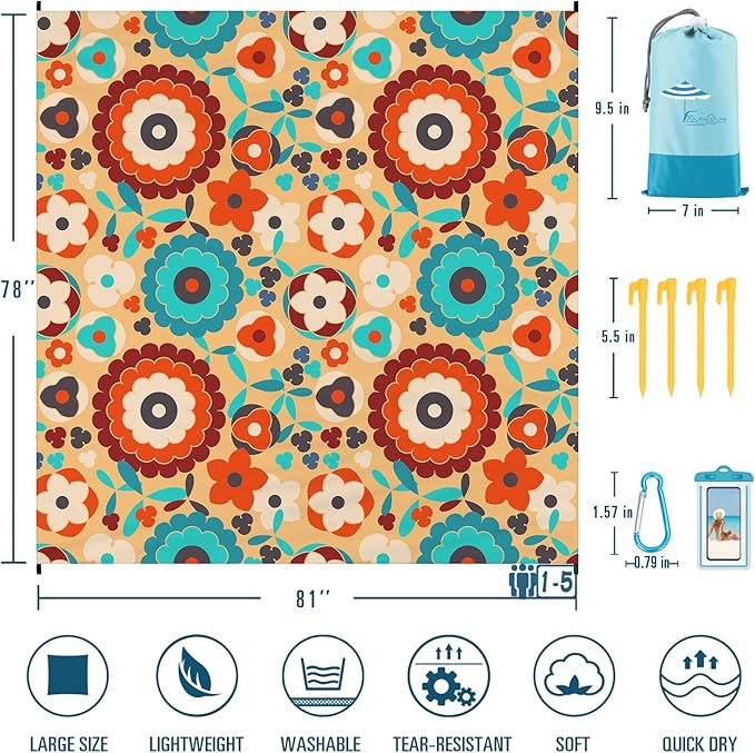 Beach Blanket Sandproof Waterproof 78''×81''1-5Adults Oversized,Compact Lightweight Durable Beach Mat for Travel Camping Hiking Picnic Blanket