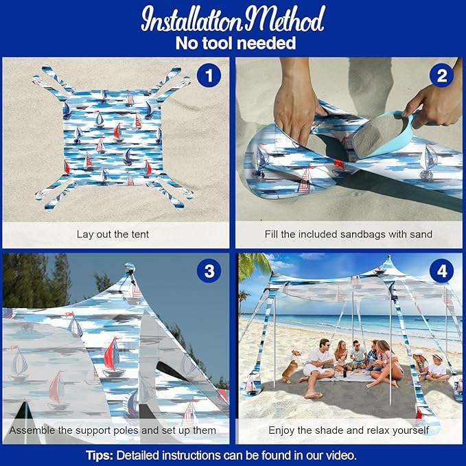 Rhino Valley Beach Tent Sun Shelter, Beach Canopy Tent Sun Shade UPF50+ Protection with 8 Sandbags 4 Stability Poles, Outdoor Beach Shade Canopy for Beach, Camping, Fishing