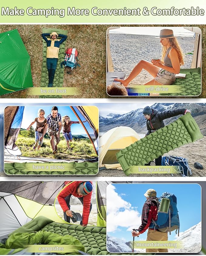Sleeping Pad for Camping, Self Inflating Camping Air Mattress Built-in Foot Pump, Sleeping Mat Camping with Pillow, Backpacking, Hiking, Traveling