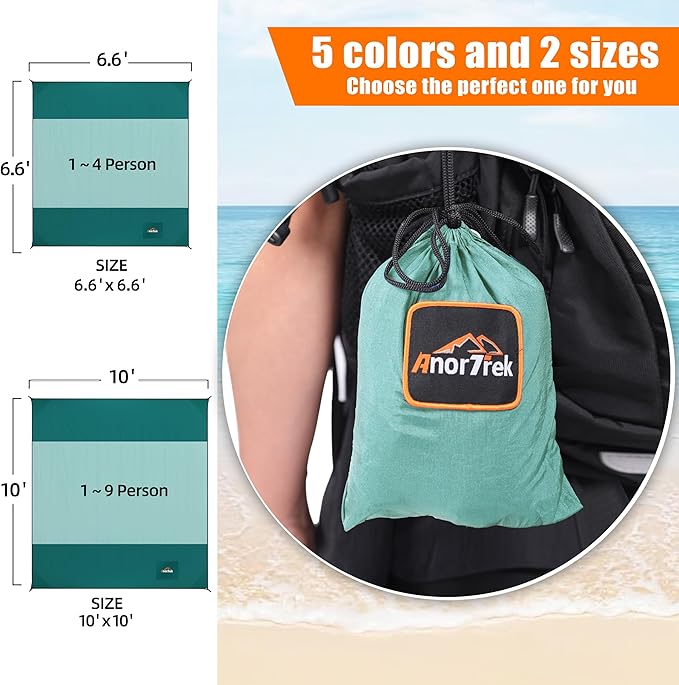 Beach Blanket Sandproof, Extra Large Beach Mat, Sand Free Mat Quick Drying, Lightweight, Soft & Durable Mat for Beach, Yard (Dark Green & Mint Green, 6.6 x 6.6 FT (1~4 Person))