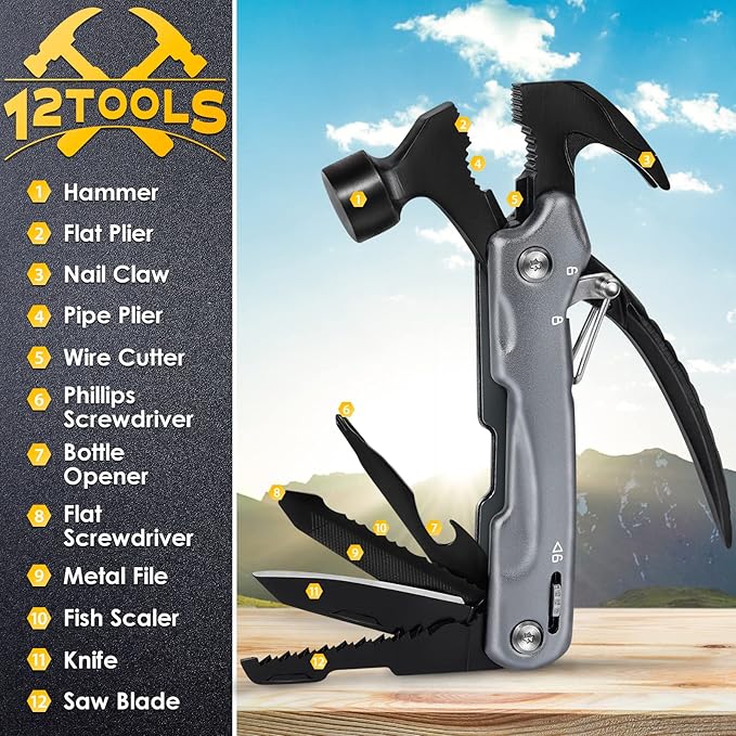 Camping Accessories Multitool Gifts for Men - 12 in 1 Christmas Stocking Stuffers Hammer Multi Tool Birthday Gift for Dad Boyfriend Women Husband Cool Stuff Gadgets Pocket Tools for Fishing Hunting
