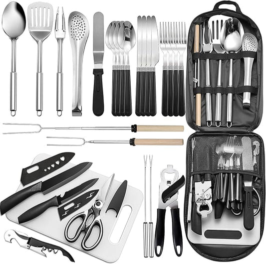 Portable Camping Kitchen Utensil Set-27 Piece Cookware Kit, Stainless Steel Outdoor Cooking and Grilling Utensil Organizer Travel Set Perfect for Travel, Picnics, RVs, Camping, BBQs, Parties and More