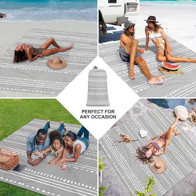 78''×86'' Large Beach Blanket for 4 Adults, Outdoor Beach Mat Sand Proof Waterproof with 4 Stakes & 4 Corner Pockets, Polyester Lightweight Comapct Grey Picnic Mat for Travel, Camping, Hiking