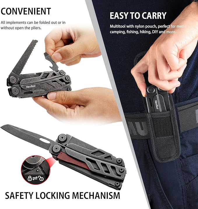 NexTool Heavy Duty Multitool, Spring-Action Multitool Pliers with Pocket Scissors,Replaceable Wire Cutters,Nylon Sheath, Folding Multitool Knife with Safety Lock for Camping Survival Home Repair DIY