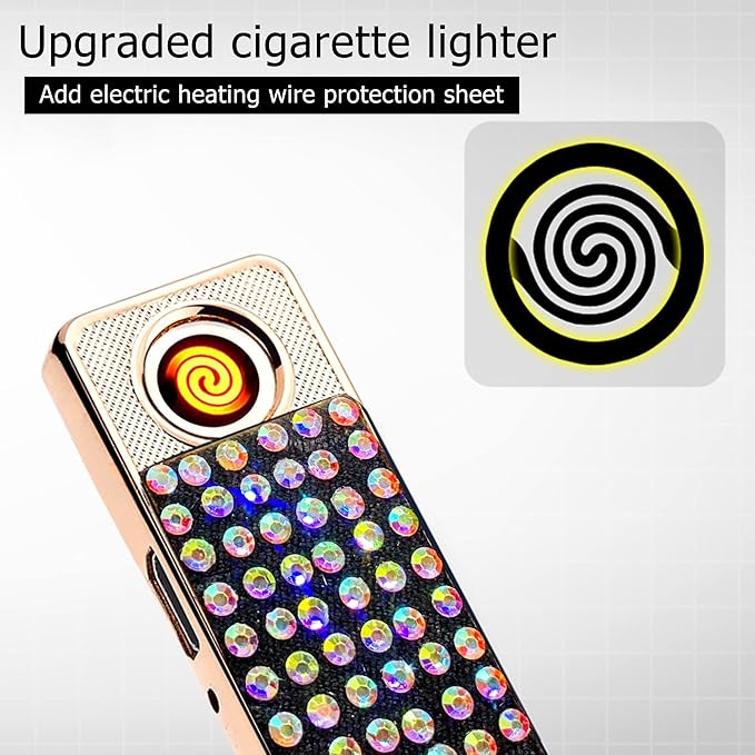Rhinestone Lighter Electric Lighter Rechargeable Bling Glitter USB Lighter Flameless Girls Lighter for Women (Black Multi)