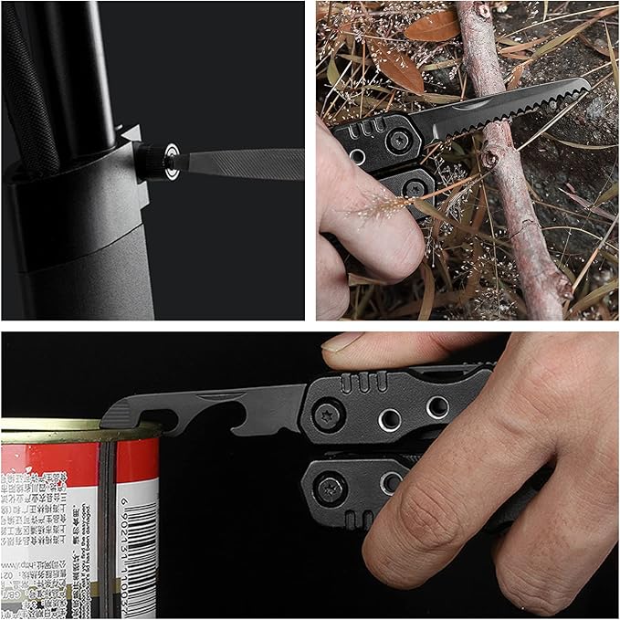 Multitool Pliers Pocket Tool Camping Tool 12 in 1 Multi Tool Gifts for Men Multi Tool with Safety Lock Screwdrivers Saw Bottle Opener Sheath for Camping Survival Hiking Simple Repairs -Black