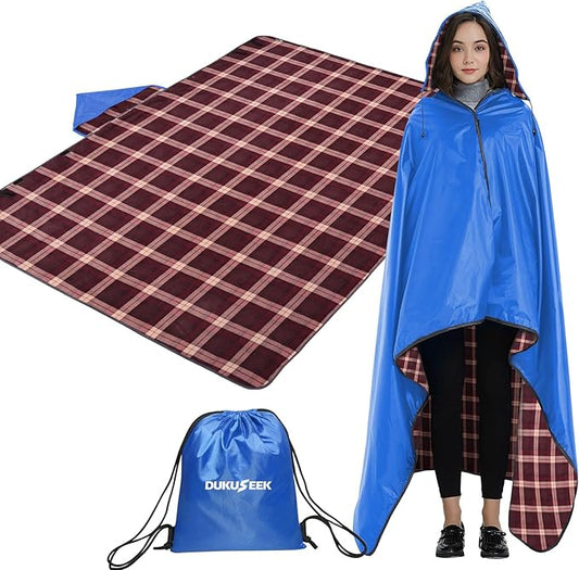 DUKUSEEK Waterproof Stadium Blanket with Hood, Wine Red Plain Waterproof Outdoor Blankets, Large 79"x 59"