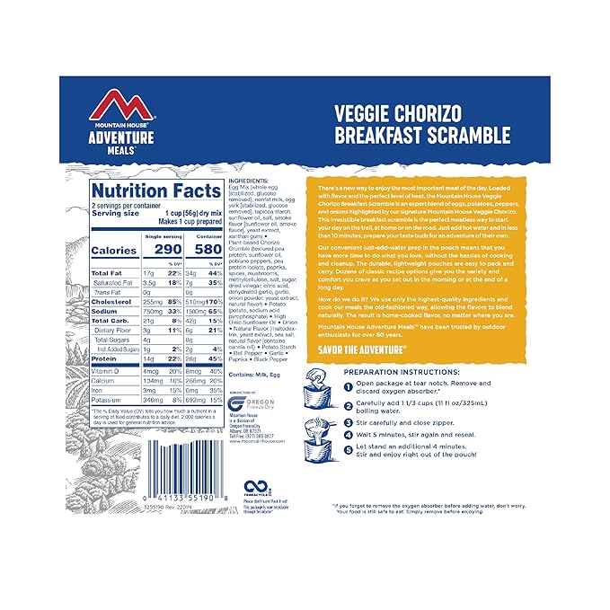 Mountain House Veggie Chorizo Breakfast Scramble | Freeze-Dried Backpacking & Camping Food | Gluten-Free & Vegetarian | 6-Pack