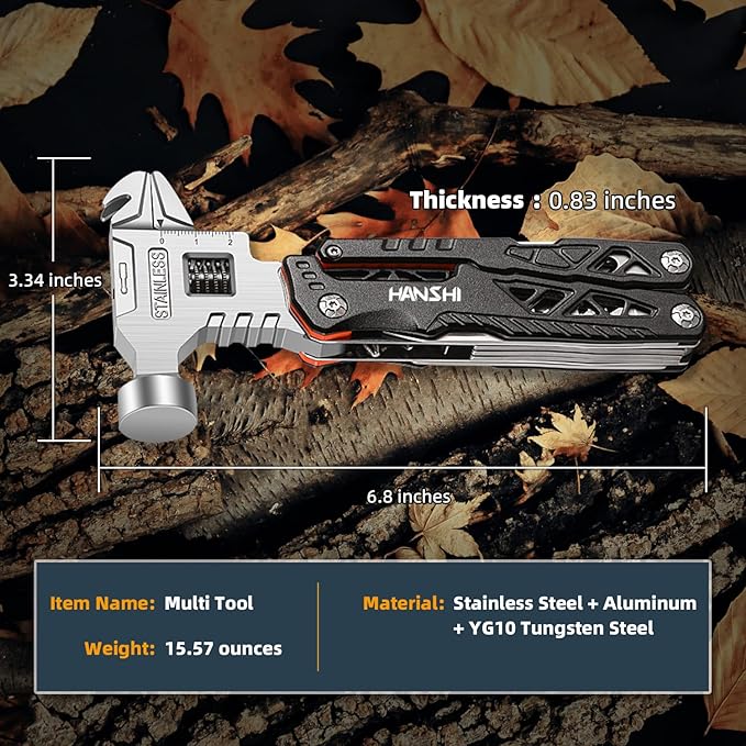 Upgraded Adjustable Wrench Multitool Hammer with YG10 Tungsten Steel Replaceable Wire Cutters for Men,18 in 1 Pocket Multi Tool Knife with Spring-Action Pliers for Camping,Survival (Black)