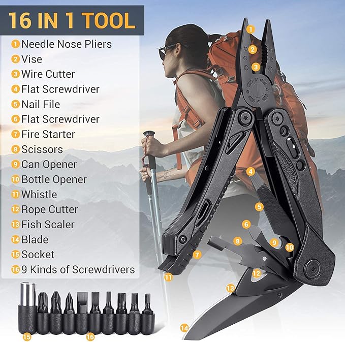 Christmas Stocking Stuffers for Men Dad Adults Gifts 16 In 1 Pocket Multitool Knife Plier Camping Accessories Multi Tool Gadgets Birthday Him Boyfriend Husband Women Who Have Everthing Wants Nothing