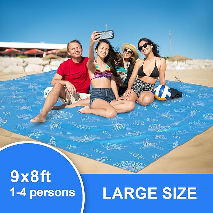 Mooreeke Beach Blanket Extra Large Oversized 9 x 8 ft, Sea Snail Sandproof Waterproof Quick Drying Lightweight Compact Outdoor Blanket Beach Mat for Family Travel Camping Picnic, 1-8 Adults