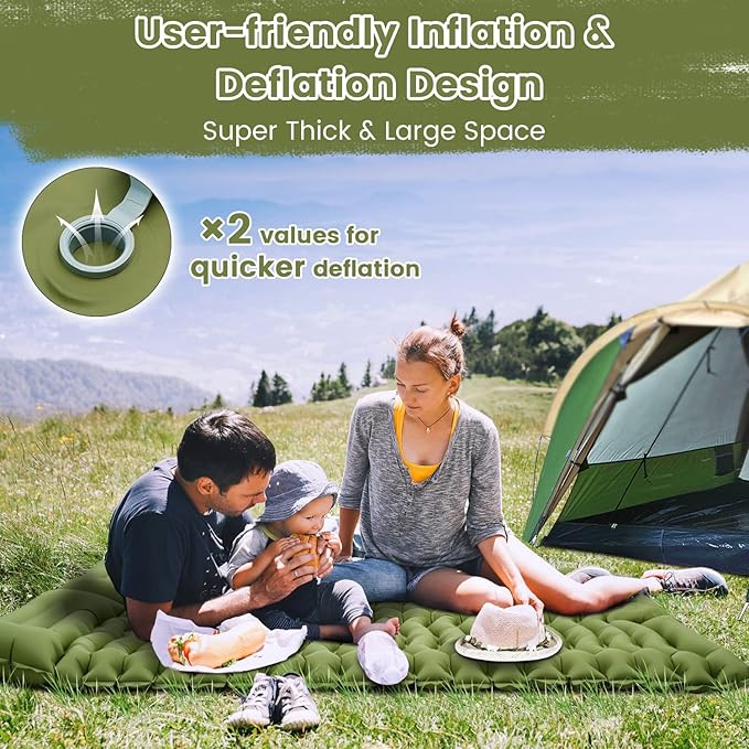 Double Sleeping Pad for Camping 4" Thickness Self Inflating Camping Mat with Pillow Built-in Foot Pump Portable 2 Person Camping Pad Waterproof Camping Mattress for Backpacking Hiking Traveling Tent