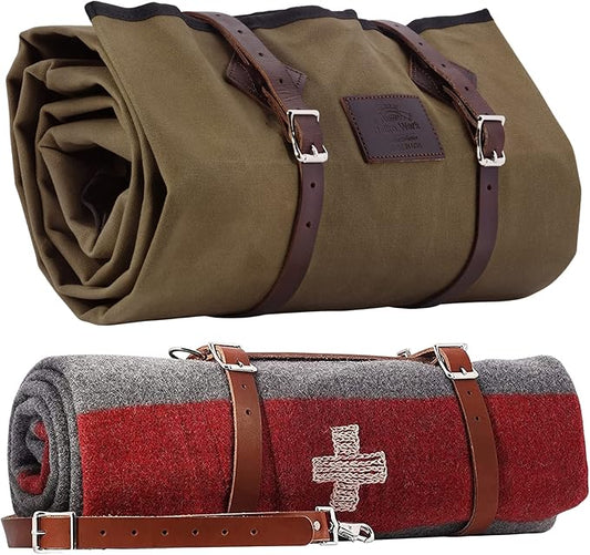 1844 Helko Werk Germany Waxed Canvas Bedroll & Swiss Army Blanket Bundle - Camping Bedroll with Leather Straps and Zipper - Waterproof Portable Bed (Blanket + Bedroll Olive) #F8761OB