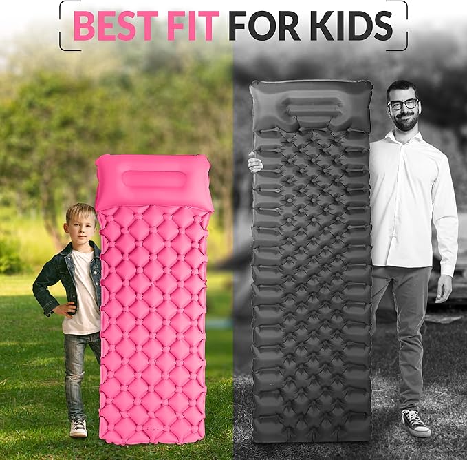 Kids Sleeping Pad for Camping and Sleepovers with Pillow, Inflatable Camping Mattress for Backpacking & Travel, Thick Toddler Cot Mat, Fast Inflating Camping Sleeping Pads for Kids