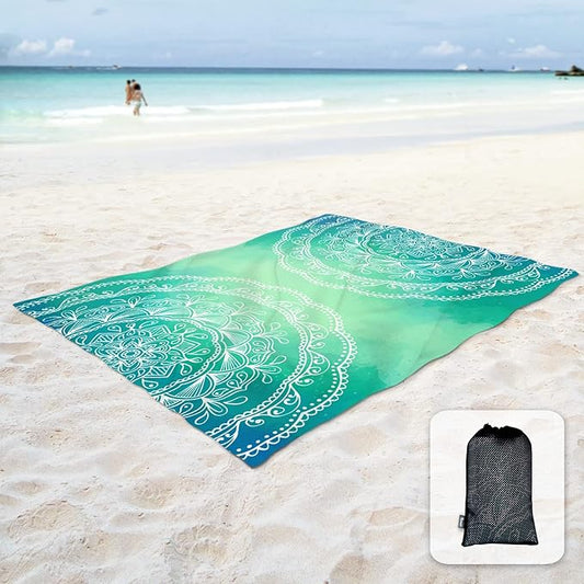Sunlit Silky Soft 85"x72" Boho Sand Proof Beach Blanket Sand Proof Mat with Corner Pockets and Mesh Bag for Beach Party, Travel, Camping and Outdoor Music Festival, Bright Turquoise Mandala
