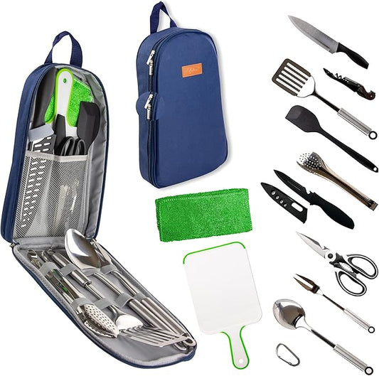 Camp Cooking Utensil Set & Outdoor Kitchen Gear Cookware Kit, Portable Compact Carry Case for Camping, Hiking, Travel, BBQ Grilling Stainless Steel Accessories Spoon & Fork
