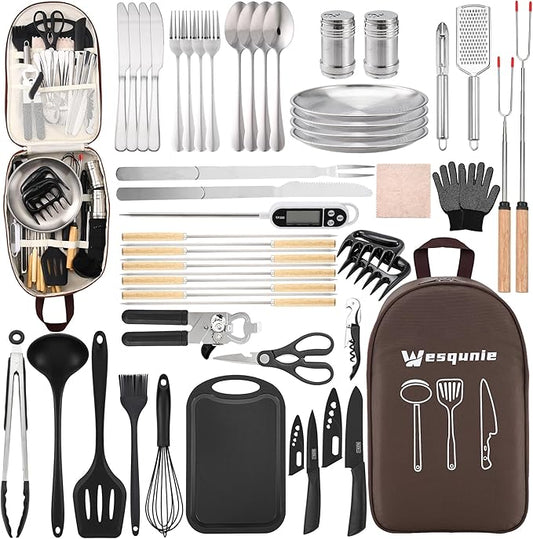 Camping Essentials Cookware Cooking Utensils Set - Camping Kitchen Utensils, Portable Outdoor Accessories, Stainless Steel & Silicone, Camping Gear Equipment for RV Picnic Grill