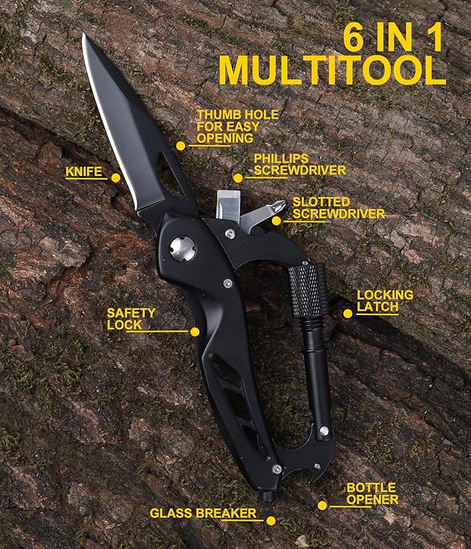 Mens Gifts, Women Gifts - 6 in 1 Multitool Carabiner, Ideal Gift For Outdoor Enthusiasts - Birthday Gifts for Men Women - Excellent Gifts for Camping, Hiking