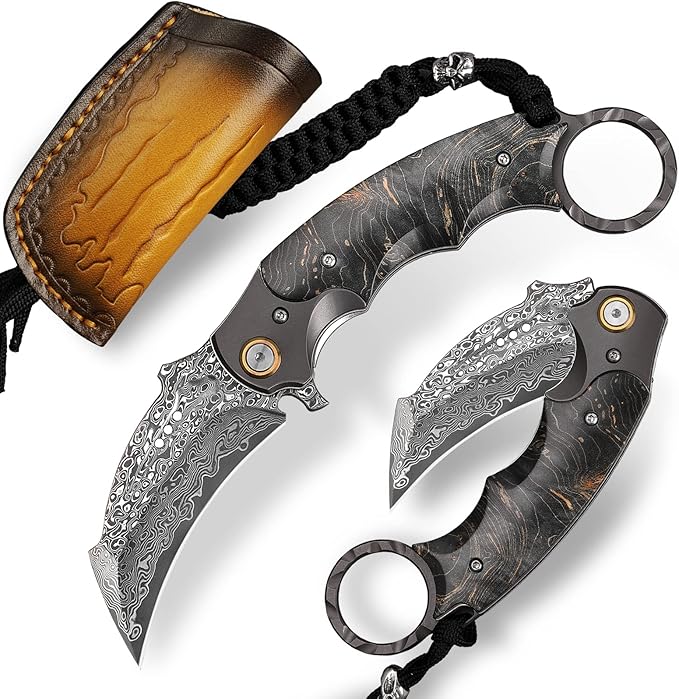 Handmade Damascus steel Folding Pocket EDCKnife,with cowhide sheath And pocket clip,2.8in blade Claw Hawkbill Folding Knife,Lining lock, wooden handle,Outdoor survival first-aid camping knife