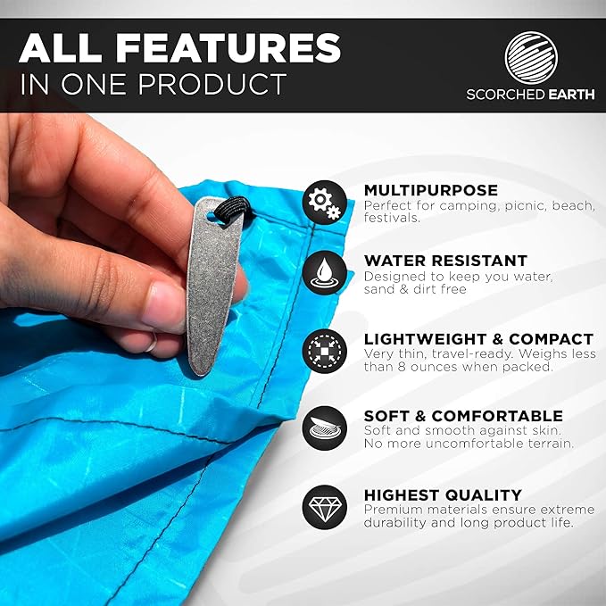 Pocket Blanket for Beach, Travel, Outdoor, Camping, Hiking, Picnic, Festival, Sports - Water Resistant, Compact, Durable Tarp - Corner Pockets, Bag, Built in Stakes (Aqua Blue, 60x55)