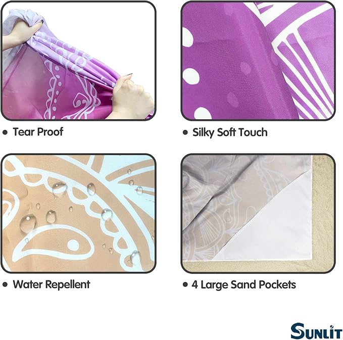 Sunlit Silky Soft 106"x81" Boho Sand Proof Beach Blanket Sand Proof Mat with Corner Pockets and Mesh Bag for Beach Party, Travel, Camping and Outdoor Music Festival, Orange Purple Mandala
