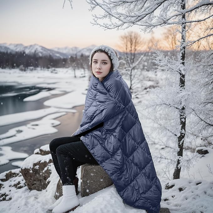 Blue Ridge Home Fashions Outdoor Down Throw Blanket for Camping Hiking - Packable Lightweight and Durable Blanket 60" x 70" with Carrying Pouch, 650 Fill Power Puffy Travel Picnic Beach Blanket