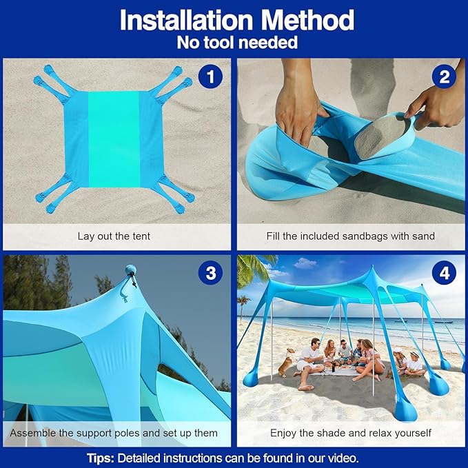 Rhino Valley Beach Tent Sun Shelter, Beach Canopy Tent Sun Shade UPF50+ Protection with 8 Sandbags 4 Stability Poles, Outdoor Beach Shade Canopy for Beach, Camping, Fishing