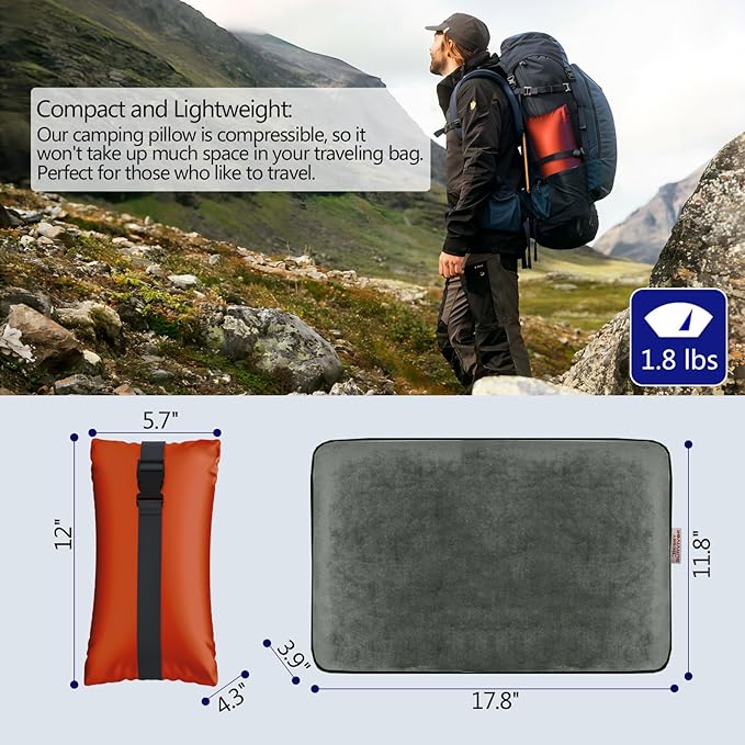 Travel and Camping Pillow -Compressible Memory Foam Pillow for RV, Backpacking, Airplane, Great Neck and Lumbar Support -with Breathable Soft Pillowcase