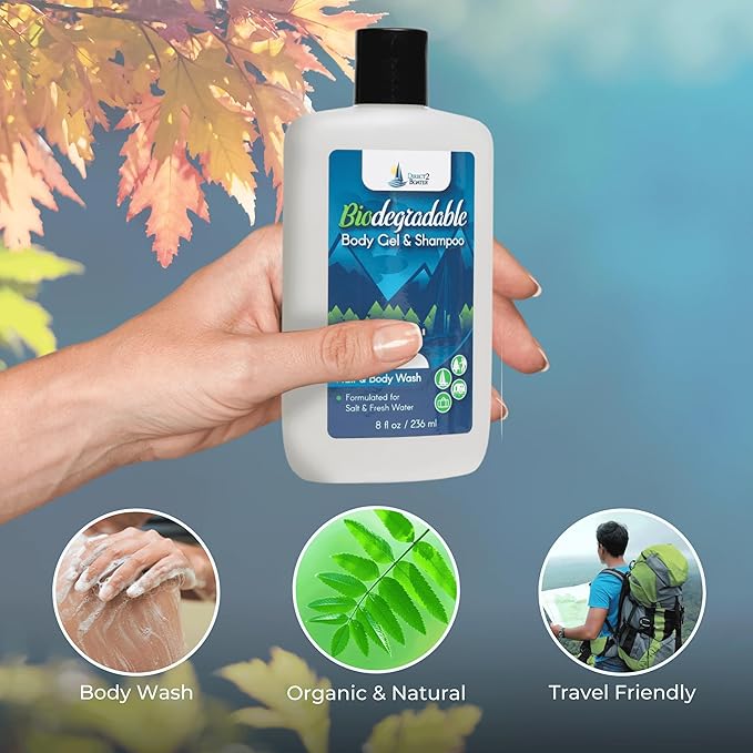Biodegradable Camping Companion - Organic Fragrance-Free Body Wash and Shampoo for Fresh & Salt Water, Travel Size, Forumalted for Nature