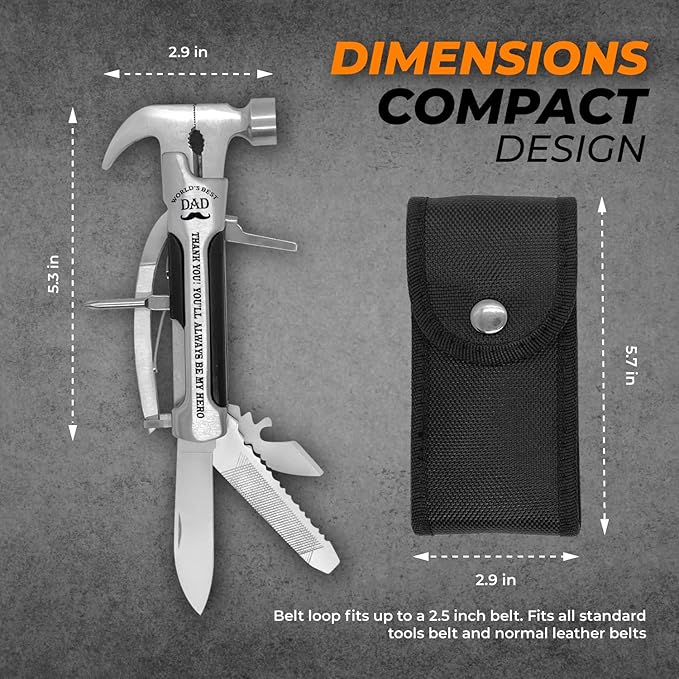 Gadget Gift for Dad - All in one Stainless Steel Hammer Multitool with case and clip. Great Gadgets for mens stocking stuffer for home or car